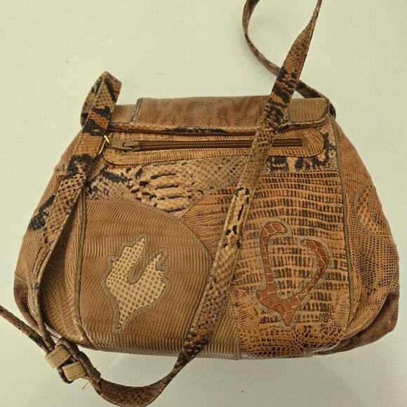Vintage Sharif Tan & Brown Embossed Leather Patchwork Crossbody Shoulder Bag - Picture 4 of 13